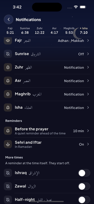 Notification settings: each prayer set to adhan, notification or off, with reminders below