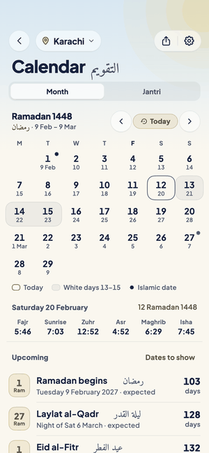 The calendar for Ramadan 1448 with Sehri and Iftar times and the days to come