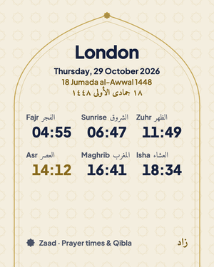 The Mihrab share card with the prayer times inside an arch