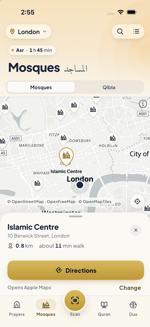 A map of mosques in central London with Islamic Centre selected and a Directions button