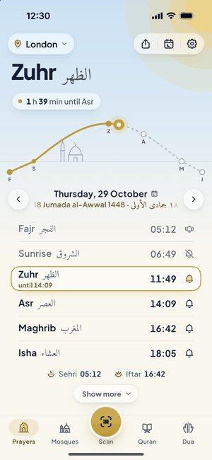 The Zaad Prayers screen in London: Zuhr now, 1 hour 39 minutes until Asr, with the day’s six prayer times under a pale blue sky
