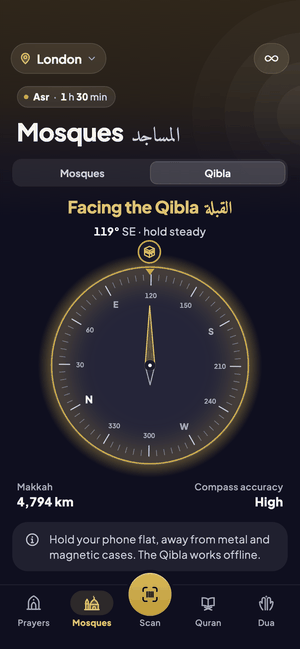 The Qibla compass in dark mode