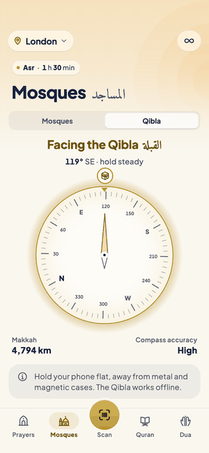 The Qibla compass in London, facing the Qibla at 119 degrees, 4,794 kilometres to Makkah