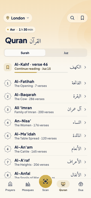 The Quran list with Continue reading at Al-Kahf and the surahs below