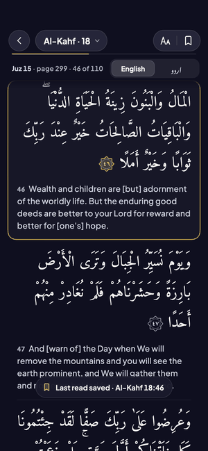 Al-Kahf on the Night page with the English translation