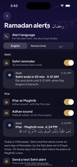 Ramadan alert settings for Sehri and Iftar