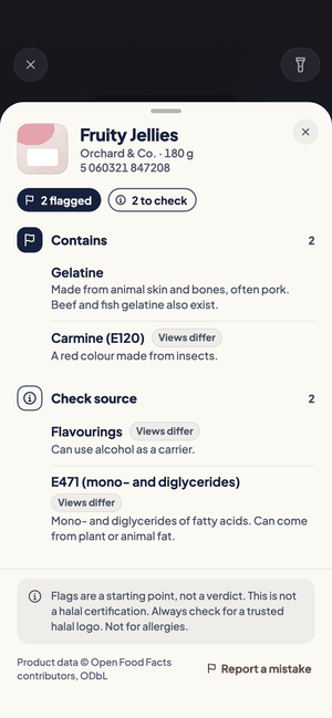 A scan result for fruit jellies: Contains gelatine; Check source for flavourings and E471, with the disclaimer at the bottom