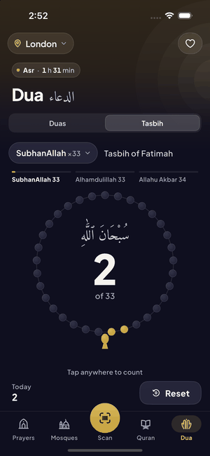 The tasbih counter at 2 of 33 in dark mode